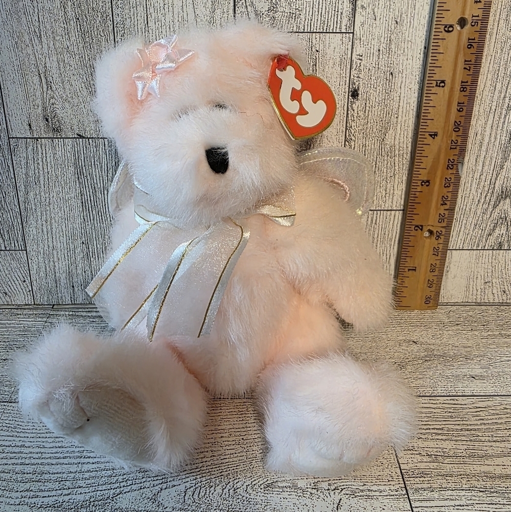 Ty Olympia Plush Bear with Angel Wings and Ribbon